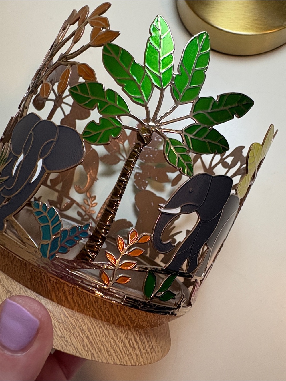 Bath & Body Works Elephant Jungle enameled metal Candle Holder with Wooden Base - Picture 13 of 15